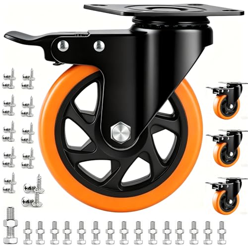 4 inch Casters Load 2400lbs -Includes 2 Sets of Adaptive Screws -Lockable Bearing Plate Heavy Duty Caster with Brakes, 360-degree Swivel for Furniture and Workbench Cart, Set of 4 by ABSLIMUS - Used condition - US$25.55