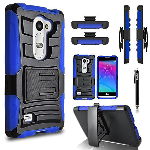 LG Escape 2 Case, LG Spirit LTE Case, Combo Rugged Shell Cover Holster with Built-in Kickstand and Holster Locking Belt Clip Blue + Circle(TM) Stylus Touch Screen Pen