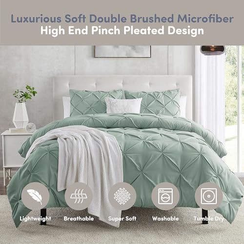 Image of Nestl Sage Green Duvet Cover King Size - Soft Double Brushed Duvet Set with Button Closure & Corner Ties, 3 Piece Luxurious Pinch Pleated Duvet Cover Set 104x90 Inches with 2 Pillow Shams