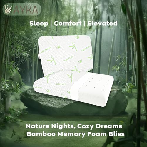 Image of AYKA Bamboo Memory Foam Pillow for Neck & Shoulder Pain | Neck Orthopedic Pillow for Sleeping, Pain Relief & Spinal Alignment | Ergonomic Design | 2 Years Warranty (Set of 2)