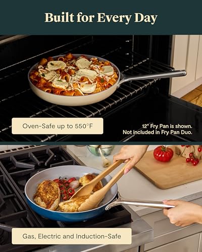 Image of Caraway Ceramic Fry Pan Duo with Glass Lids - Non-Stick Frying Pans (10.5 inch & 8 inch) - Non Toxic, PTFE & PFOA Free - Oven Safe & Compatible with All Stovetops - Perracotta