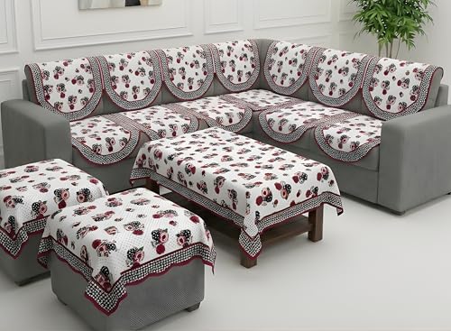 Image of Fab Nation Sofa Cover L Shape 6 Seater with Corner L Type Fully Covered Sofa Set for Living Room | Cotton Sofa Slipcovers for 3 + 3 Seaters Cover + 2 Setty Covers + 1 Table Cover Set | Garden Pink