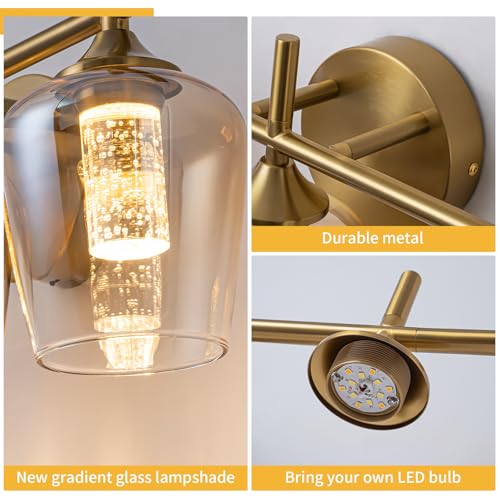 Image of foucasal 3 Light Brushed Gold Vanity Lights, Dimmable 5CCT Bathroom Light Fixtures with Gradient Glass Shades, Modern LED Vanity Lights for Over Mirror Bedroom Hallway