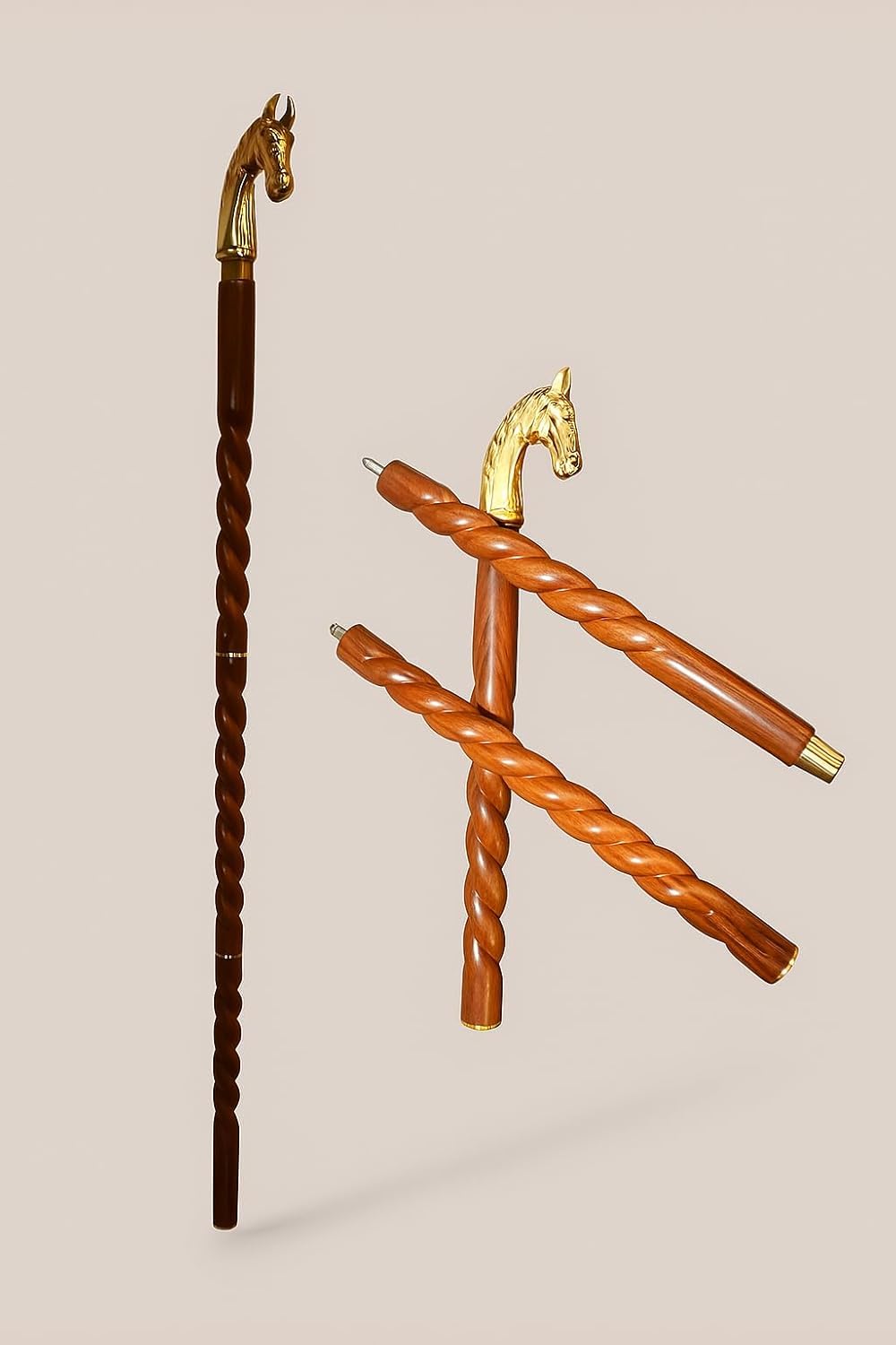 Decorative Walking Stick with Gold Horse Head Handle | 36-Inch Handcrafted Wooden Cane with Spiral Design | Vintage Style Support Stick for Men & Women-image-42