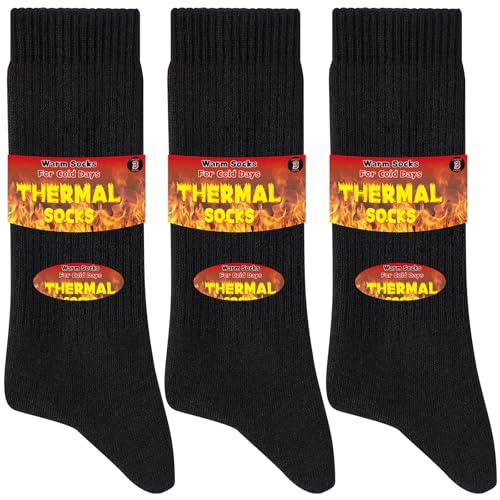 Niofind Thick Warm Thermal Socks for Men Women, Full Cushion Winter Socks, Crew Length Black Heavy Duty Heated Cotton Boot Sock for Work Outdoor Walking, Hiking, Running, Black, 9-12, 3 Pairs