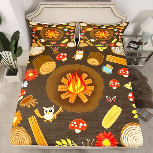 Erosebridal Campfire Bed Sheets Twin Size Tree Seats Fitted Sheet Cartoon Funny Owl Mushroom Bed Set for Kids Woodland Stump Brown Leaves Flowers Deep Pocket Bedroom Decor