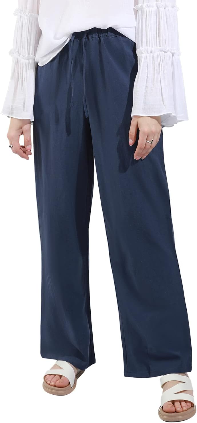 utcoco Women's Cotton Linen Drawstring High Waisted Pants Casual Loose Fit Wide Leg Trousers - Image 2
