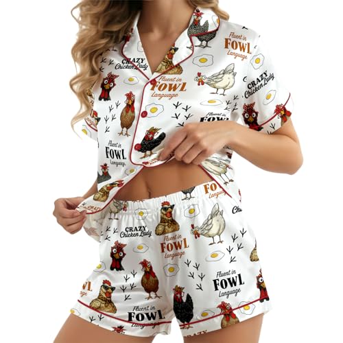 Image of HUNTFAMI Womens Soft Silky Satin Pajamas Set, 2 Pcs Sleep Short Pajamas for Mom and Grandma Button Down Summer Loungewear
