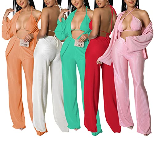 3 Peice Womens Outfit - Ribbed Casual Loose Tracksuit Long Sleeve Pleated Cardigan + Sexy Bra + Pants Sets Sweatsuit Orange #TOP2