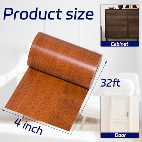 Image of Brown Border Peel and Stick, 4 inch X 32 ft Self Adhesive Wood Repair Tape, 1Roll Colored Trim Wood Grain Repair Patch for Mirrors, Doors, Windows, Floors, Furniture, Bathroom