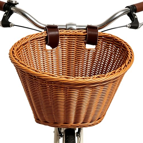 Bike Basket, Front Handlebar Storage Basket with Adjustable Leather Straps, Bicycle Accessories, Hand Woven, Waterproof (Brown(11 * 8.5 * 8 in)