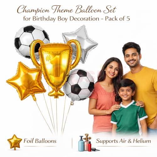 Image of Propsicle Football Trophy Foil Balloon Set Birthday Decoration for Boys 5pc | Soccer world cup decoration 2026 football birthday theme champion sports day golden trophy balloon ronaldo theme decor
