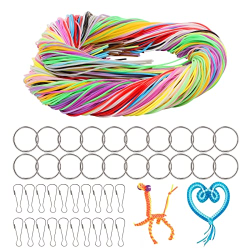 200pcs Scoubidous elástico de plástico, 1 m cordón elástico de color DIY con anillo llavero, hilo de Scoubidou multicolor para collares artesanales DIY Cover
