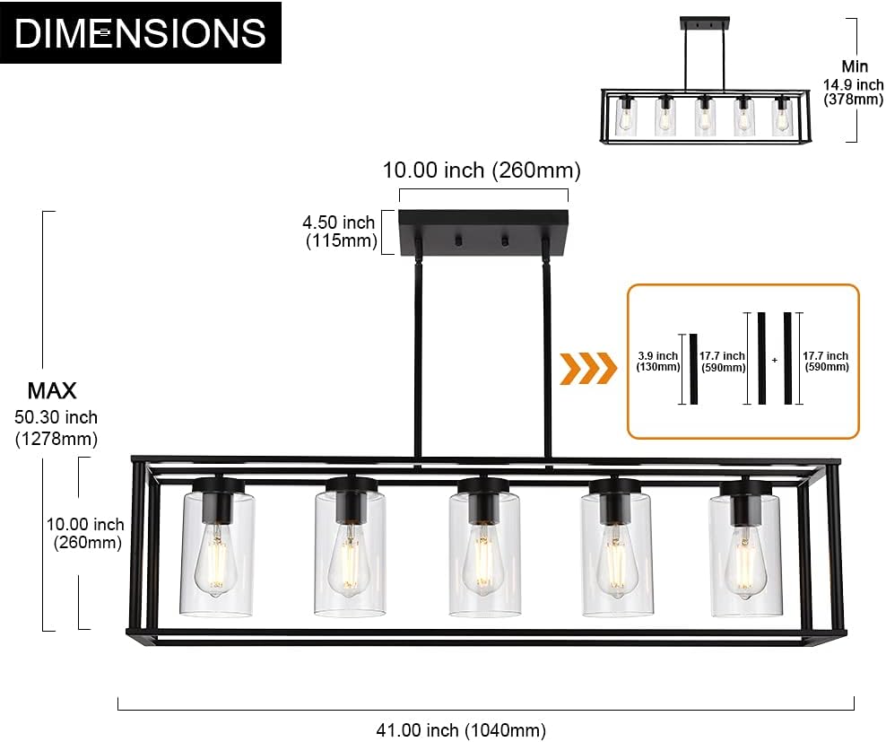 🔥 Crazy Deals VINLUZ Farmhouse Chandeliers Rectangle Black 5 Light Dining Room Lighting Fixtures Hanging, Kitchen Island Cage Pendant Lights Contemporary Modern Ceiling Light with Glass Shade Adjustable Rods