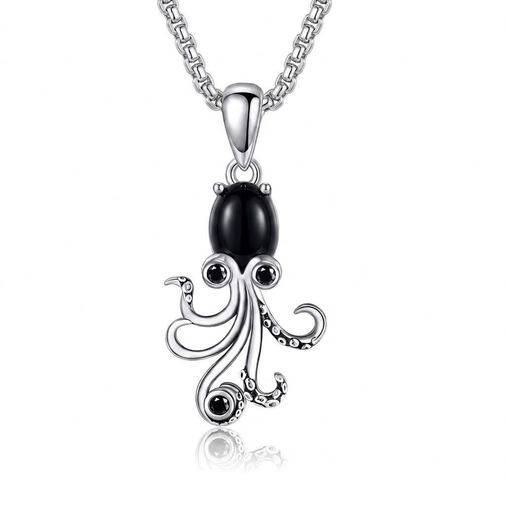 URONE Oktopus Kette S925 Sterlingsilber Moosachat/Mondstein/Schwarzem Onyx/Weißem Opal/Blauem Opal/Türkis Oktopus Anhänger Haslkette Meeresschmuck Geschenke für Damen
