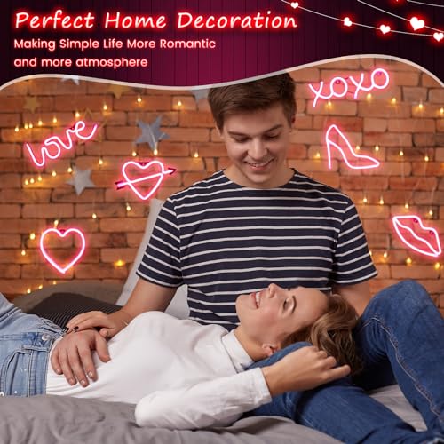 Image of Baquler 6 Pcs Valentine's Day Pink Neon Sign Neon Light LED Sign USB or Battery Operated Heart Neon Sign Wall Decor Lamp for Party Girl's Room Dorm Bedroom Wedding Bar Anniversary Decorations