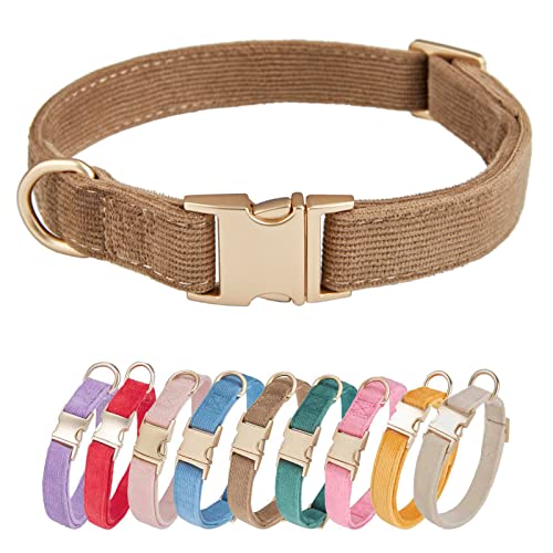 Petiry Soft Dog Collar with Safety Metal Buckle Adjustable Durable Comfort Velvet Corduroy Dog Collars for Medium Dogs,Brown,Neck 31-49cm