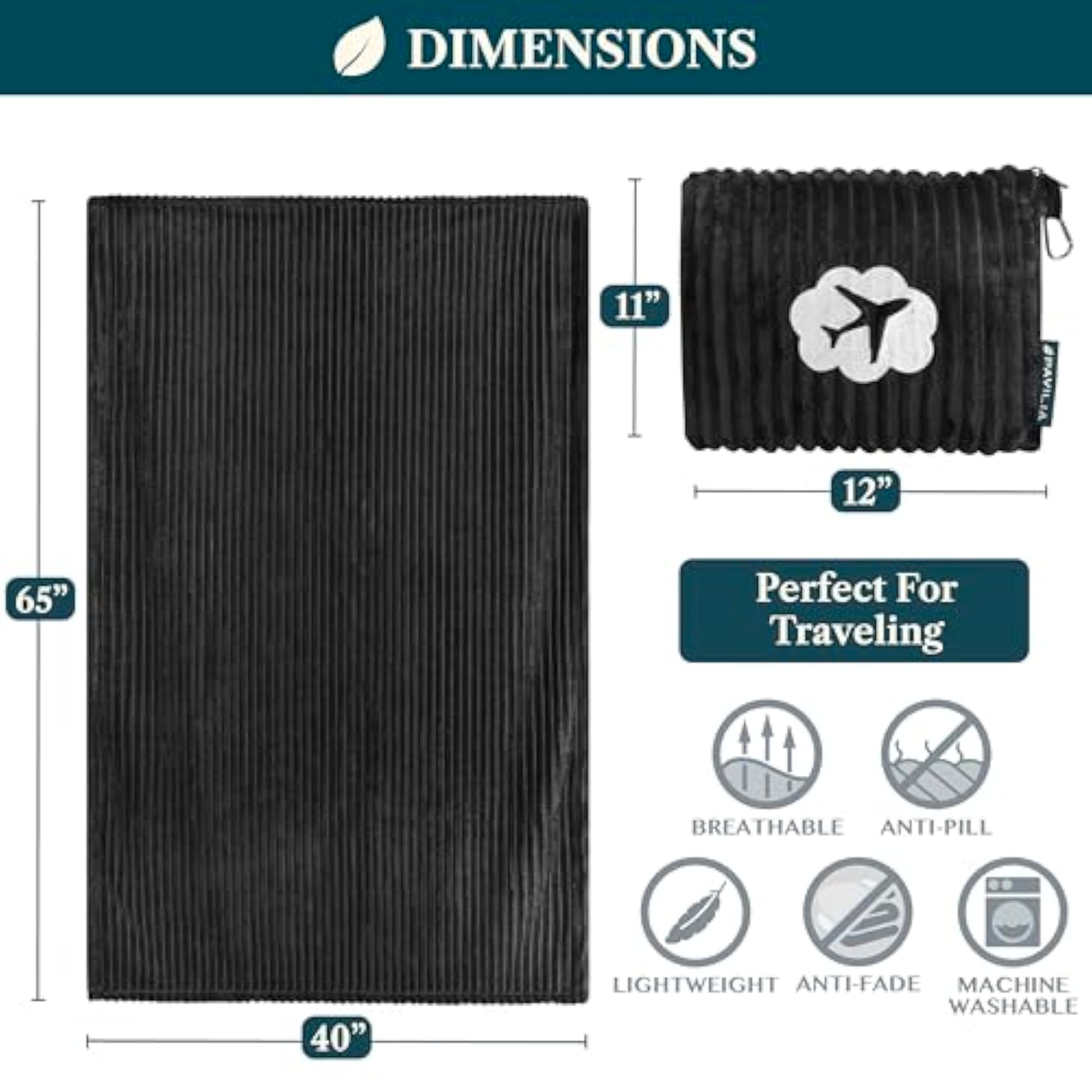 Travel Blanket Pillow, Soft Ribbed Fleece Airplane Blanket, Black