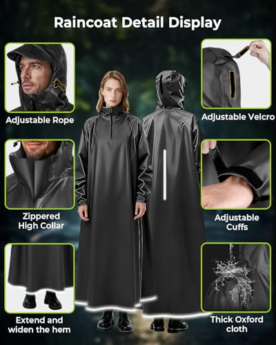 Image of ANYCHO Long Rain Coat for Men Waterproof and Women, Durable Oxford Unisex Raincoat for Men Waterproof with Adjustable Hood & Reflective Stripe