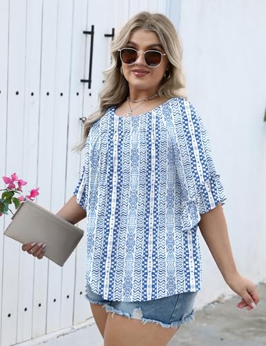 Image of Micoson Womens Plus Size Tops 3 /4 Ruffle Sleeve Crewneck Pleated Shirts