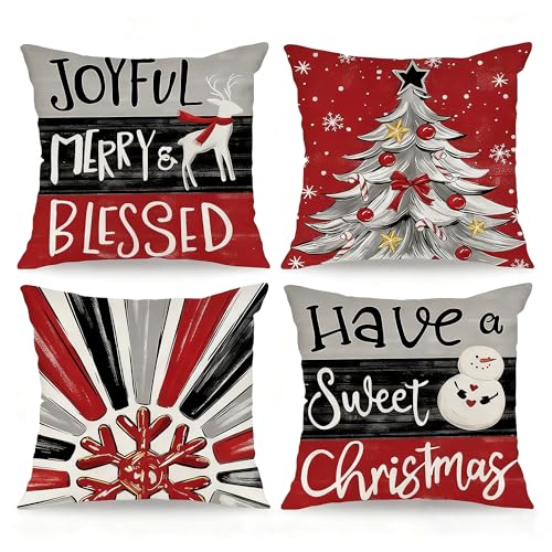 LITIVY Throw Christmas Pillow Covers, 4 Pack 20x20 - Joyful Blessings Print, Red Gray Black Winter Holiday Pillowcases for Home Decor