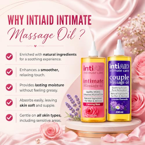 Image of Couple & Intimate Massage Oil Pack of 2 with Sensual Bliss of Lavender & Chamomile. Ideal for Couples Date Nights & Soothing Massage Experience. Non-Sticky Texture - 200ml Each