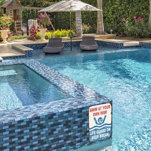 Schwimmbad Sicherheitsschild,Pool Deko Schild Mit Spruch Schwimmen Auf Eigene Gefahr,Nostalgisches Vintage Blechschild,AußEn Metall HäNgend Warnschild,Metall Blechschild Mit Symbolsprache (A)