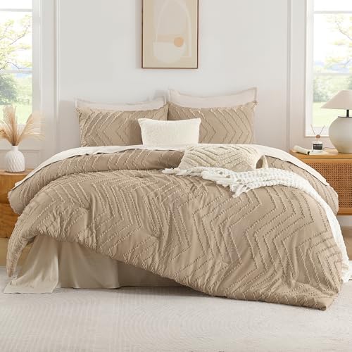 Image of Andency Taupe Comforter Set Full Size, Boho Soft Warm Tufted Bedding Comforter Sets for Full Size Bed, 3 Pieces Aesthetic Chevron Farmhouse Cute Bohemian Textured Bed Set
