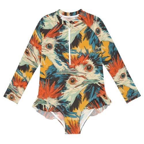 Bold Colorful Secretary Birds Girls Rash Guard Swimsuits Long Sleeve One Pieces Bathing Suit UPF 50+ Zipper Swimwear