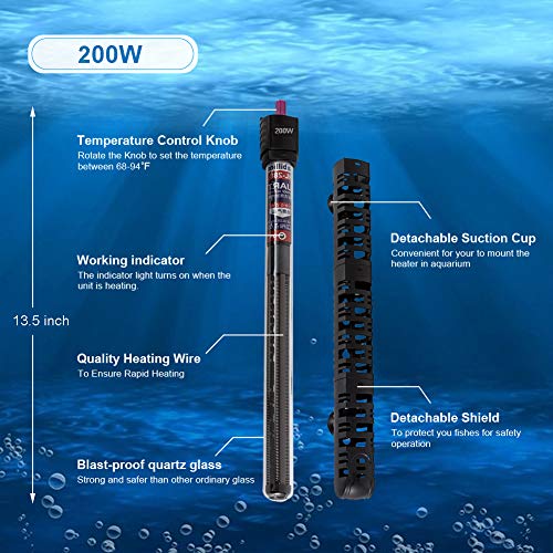 MQ Submersible Aquarium Heater Auto Thermostat, 200W Fish Tank Heater with LCD Digital Aquarium Thermometer, Shatter… - Image 7