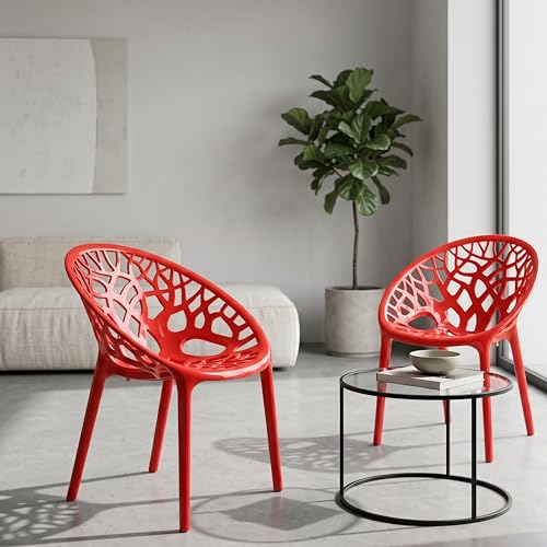 Image of Oaknest Neelkamal Crystal Plastic Chair - Stylish Tree-Design Backrest, Lightweight & Durable for Home, Garden & Patio (Red), Set of 2 Piece