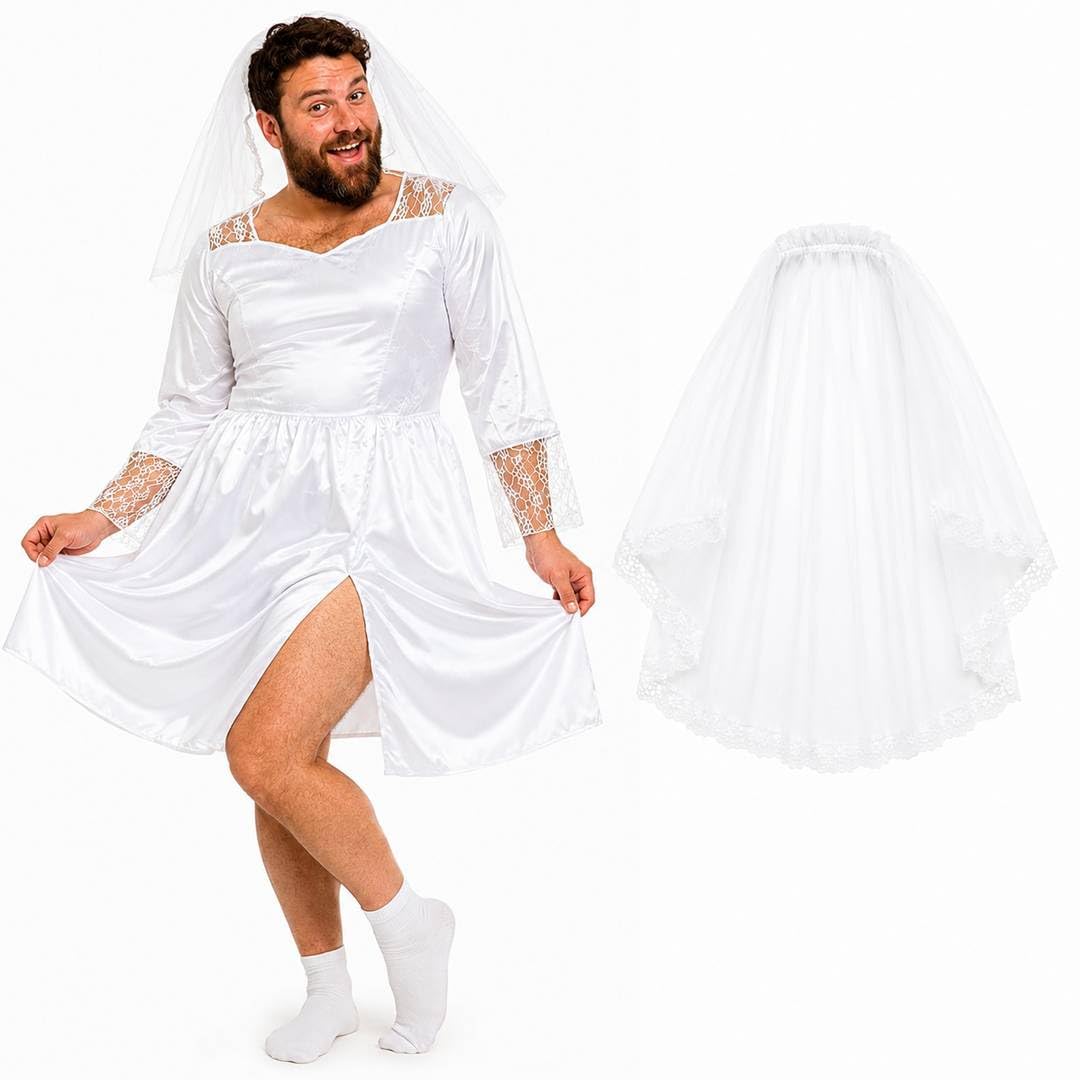 Mens Stag Do Bride Costume White Wedding Dress Groom Bachelor - XL