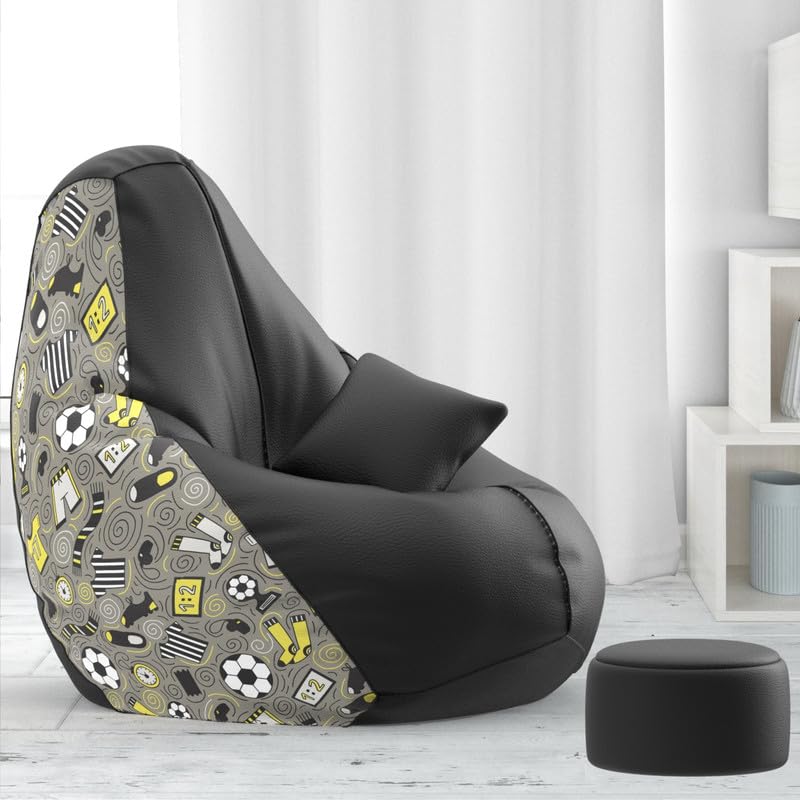 Biggie Bean Bag Cover 4XL Evergreen Classics Bean Bag-Loud Prints-Soft Landings-Styled with Free Cushion & Footrest (Matching Color : Printed Soccer - H - Black Light-Grey)-image-42