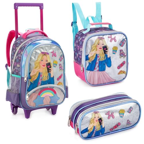 Kit Escolar para Menina Fashion, Mochila com Rodinhas + Lancheira Térmica + Estojo, Para Aula, Feminino (Selfie Girl - Kit Roxo)