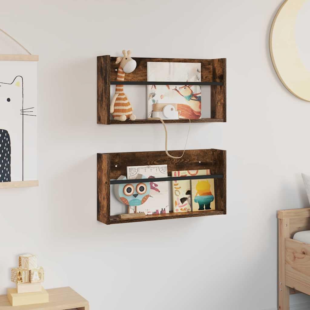 Mangloder Zeitschriftenständer und Zeitungsständer aus Holzwerkstoff in Geräucherte Eiche, 2 Stück, 60 x 12 x 30 cm, Wandmontage für Wohnzimmer, Büro, Wartezimmer und Leseecke