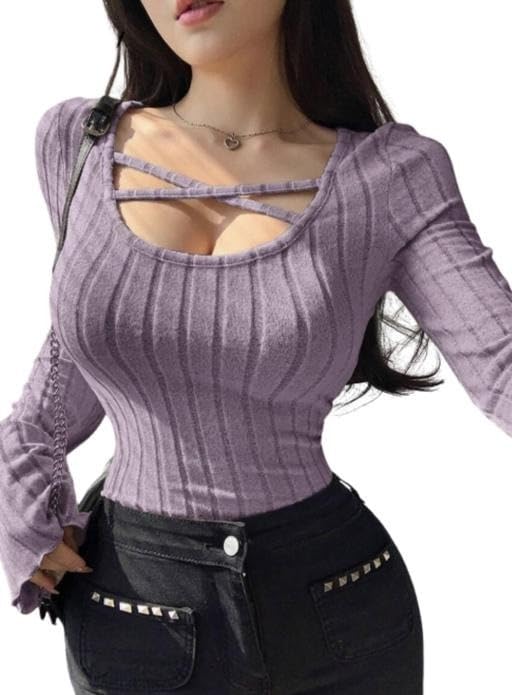 Image of Women Slim Fit Long Flare Sleeve Ribbed Knit Criss Cross Cut Out Casual Fashion Top Trendy Daily Outfit for Girls and Women