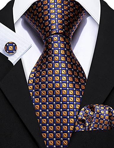 Image of Barry.Wang Plaid Ties for Men Silk Necktie Handkerchief Cuff Links Set