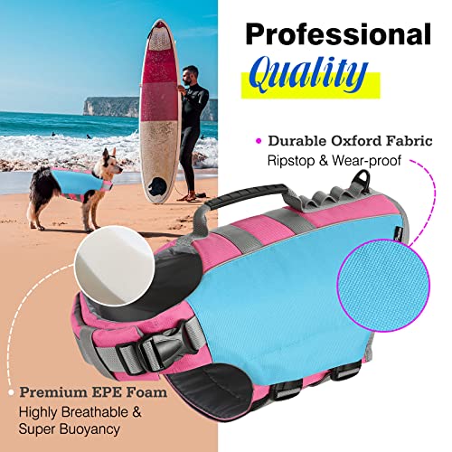 Pawaboo Dog Life Jacket, Reflective Dog Safety Vest Adjustable Pet Life Preserver With Strong Buoyancy & Durable Rescue Handle, Ripstop Dog Lifesaver Vests For Swimming, Boating - Blue, M #TOP4