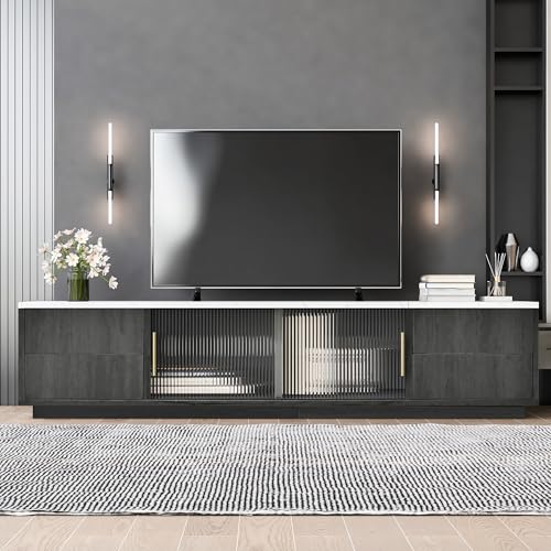 QXJVA Mueble de TV gris de 160 cm para televisores de hasta 70 pulgadas, mueble bajo con aspecto de mármol y cristal estriado, moderna consola de TV, aparador y armario inferior con push-to-open para