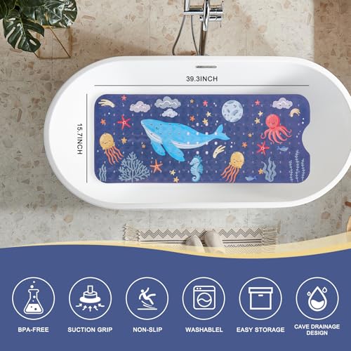 Image of PRATIQUE Kids Bath Mat for Tub Non Slip，40 X 16 Inch Extra Long Kids Bathtub Mat Ocean Bathtub Shower Mat Safety Anti Slip with Suction Cups and Drain Holes, Machine Washable(Dark Bule Whale)