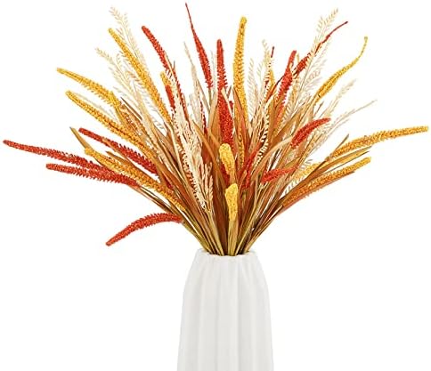 WESAIL Artificial Wheat and Rice Bush Flowers,Faux Grains Grass Floral for Home Decor,Fake Plant Greenery Bouquets for Autumn and Thanksgiving Decorations, A Pack of 2,Yellow and Orange
