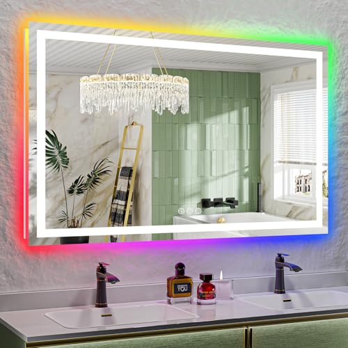 Image of 60x38 Inch RGB LED Bathroom Mirror Front Light and RGB Backlit Lighted Vanity Mirror for Bathroom Wall Mounted Dimmable Anti Fog Memory Shatter-Proof IP54 Waterproof Horizontal /Vertical