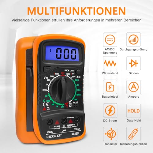 Digital Multimeter Voltmeter Batterietester Spannungsprüfer Durchgangsprüfer Ohm Volt Ampere Messgerät AC/DC Spannung Strom Widerstand Diode Transistor, Großes LCD Anzeige und Hintergrundlicht