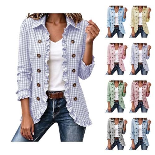 PXQIRMR Jackets for Women Lightweight Ruffled Lapel Open Front Plaid Jacket - image 1