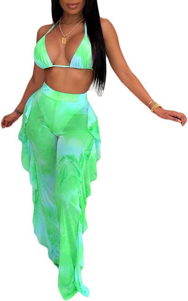Ophestin Womens Sexy Halter Sheer Bikini Ruffle Long Pants Set 2 Piece Swimsuit