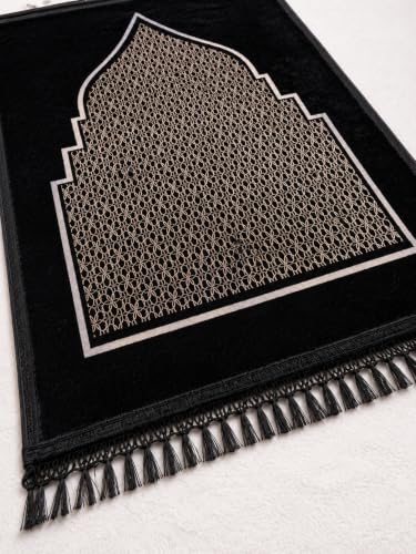 Image of Janamaz Prayer Mat Turkey Soft Velvet | Namaz Mat, Janimaz Namaz Aasan, Islamic Prayer Rug for Salah | 70x110 CM (Printed Black)