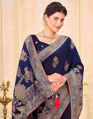 Image of SIRIL Women's Silk Kashmiri Minakari Jacquard Saree With Unstitched Blouse Piece