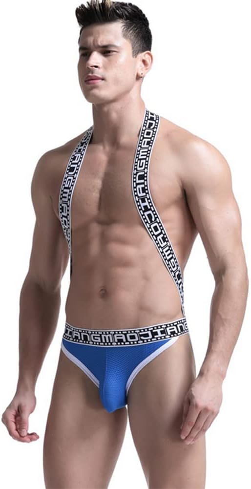 Mens Sexy Suspender Wrestling Singlet One Piece High Cut Jockstrap One-piece Underwear Elastic Shoulder Strap Thongs(Color:Aqua blue,Size:L)