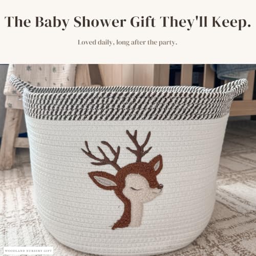 Image of Deer Baby Storage Basket, Woven Cotton Rope Nursery Bin, 15x11 in | Stuffed Animal and Blanket Storage, Soft Felt Deer Patch, Woodland Nursery Decor, Kids Playroom Organizer