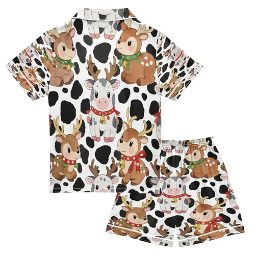 Satin Pajama Sets Short Sleeve Cute Deer on Cow Print Button Down Silky Nightwear 2 Piece PJS 5-14Y2